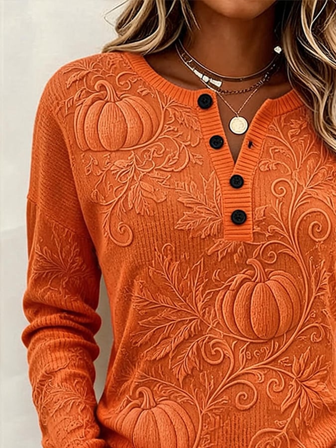 Women's Casual Printed Loose-Fit Henley Shirt