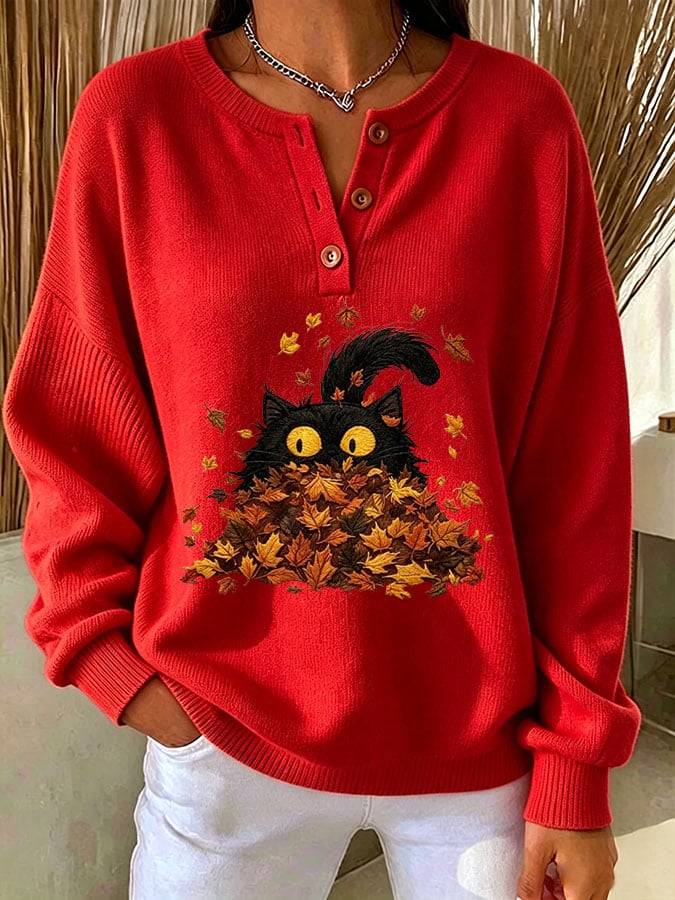 Women's Casual Print Button-Up Collar Knit Top