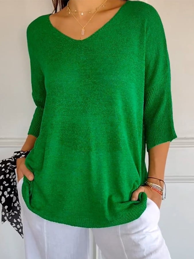 Women'S Casual V-Neck Three-Quarter Sleeve Solid Color Knit Sweater