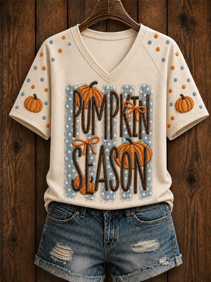 Women's Autumn Pumpkin Print V-Neck T-Shirt