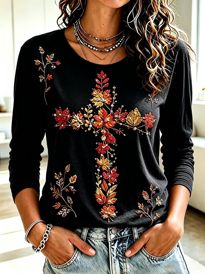 Women's  Retro Autumn Cross Print T-shirt