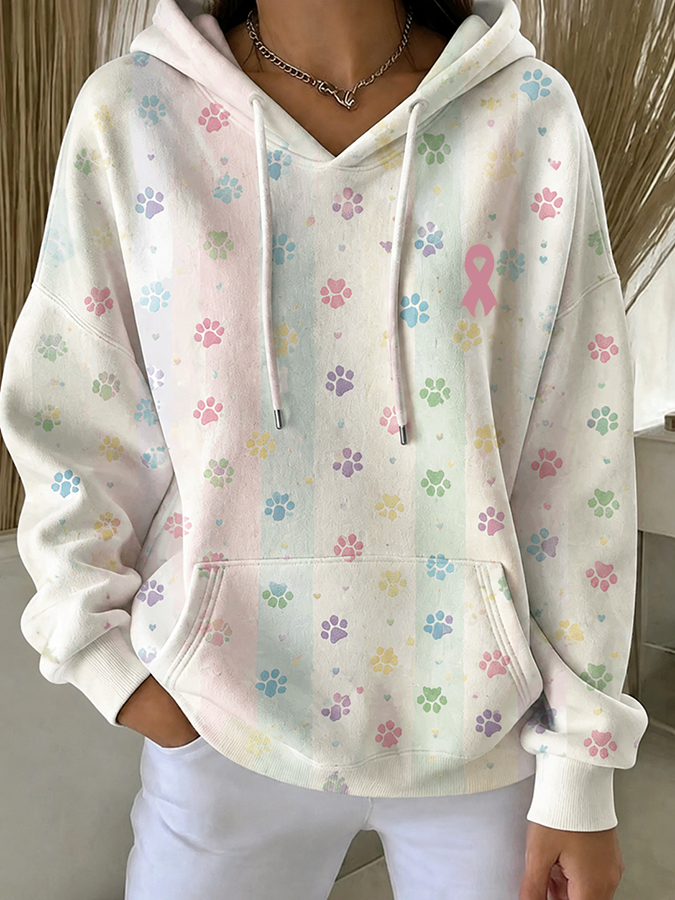 Women'S Cat Claw Print Pink Ribbon Hoodie