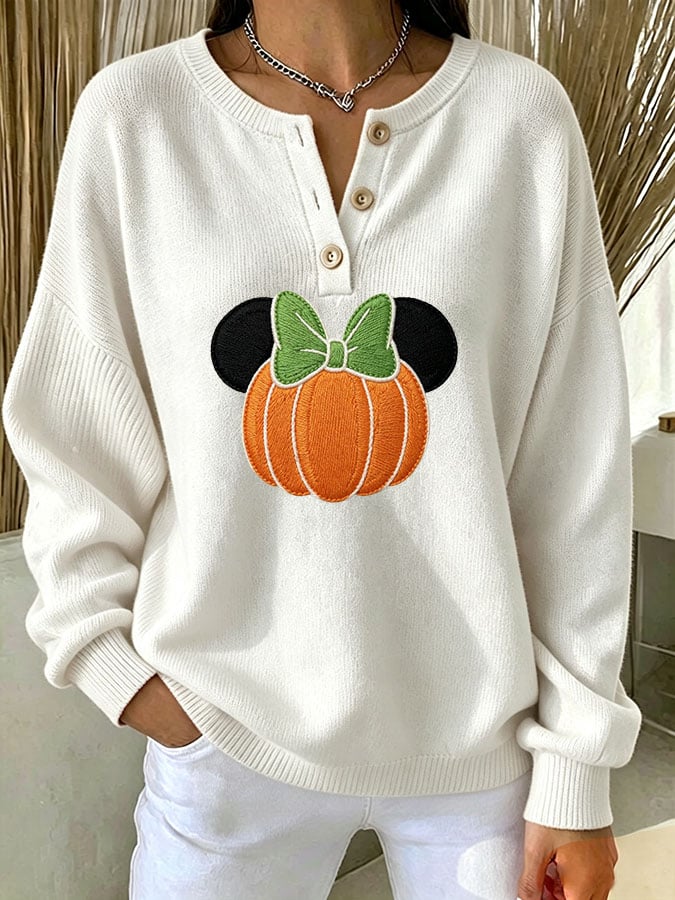 Women's Casual Print Button-Up Collar Knit Top