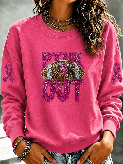 Women'S Pink Patchwork Print Breast Cancer Awareness Crewneck Sweatshirt