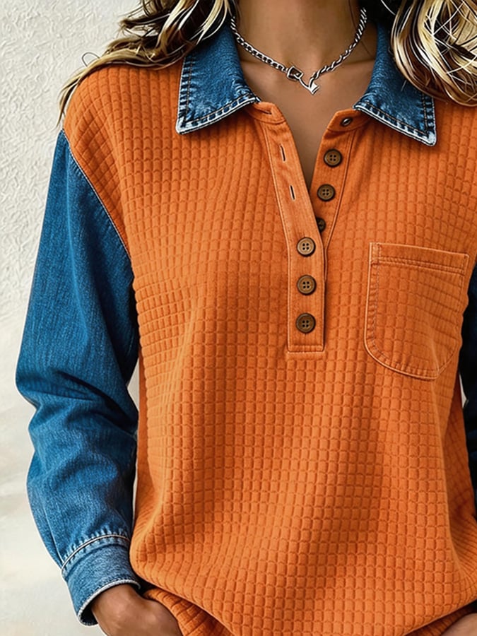 Women's Casual Color-Block Lapel Sweatshirt