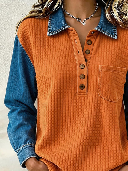 Women's Casual Color-Block Lapel Sweatshirt