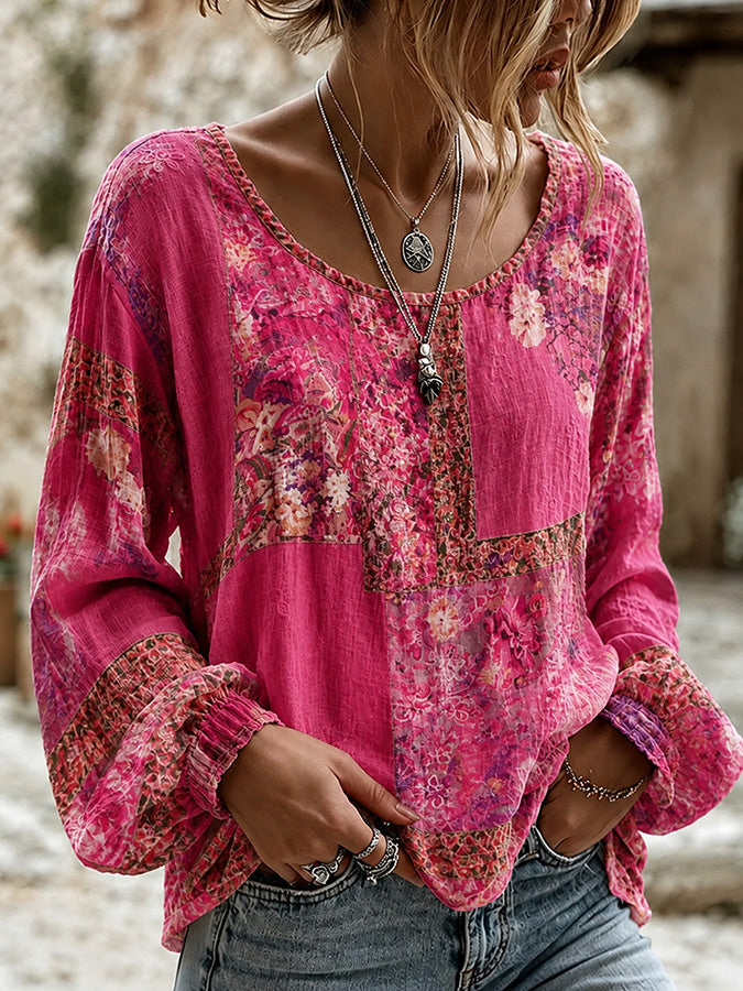 Women'S Floral Pattern Long Sleeved Linen Shirt