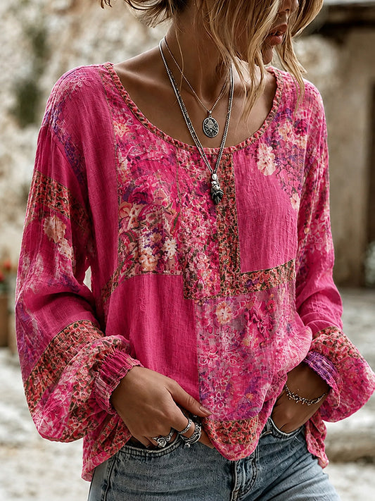 Women'S Floral Pattern Long Sleeved Linen Shirt
