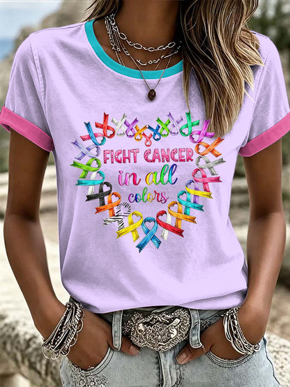 Women's Retro Fight Cancer In All Colors Printed T-shirt