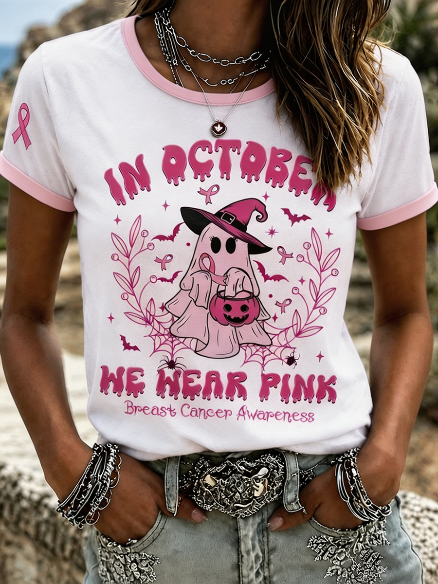 Women's Halloween Ghost Witch Pink Ribbon Breast Cancer Short Sleeve T-Shirt