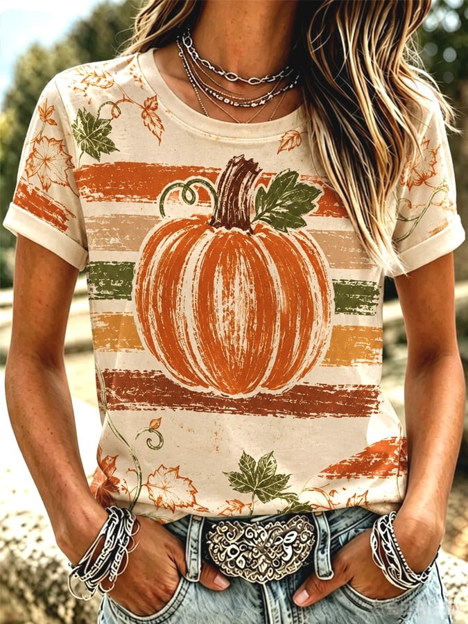 Women's Autumn Pumpkin Print T-Shirt