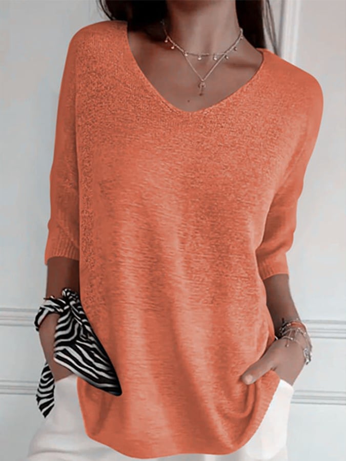 Women'S Casual V-Neck Three-Quarter Sleeve Solid Color Knit Sweater