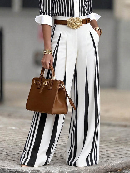Elegant Striped Shirt & High Waist Wide Leg Pants Set