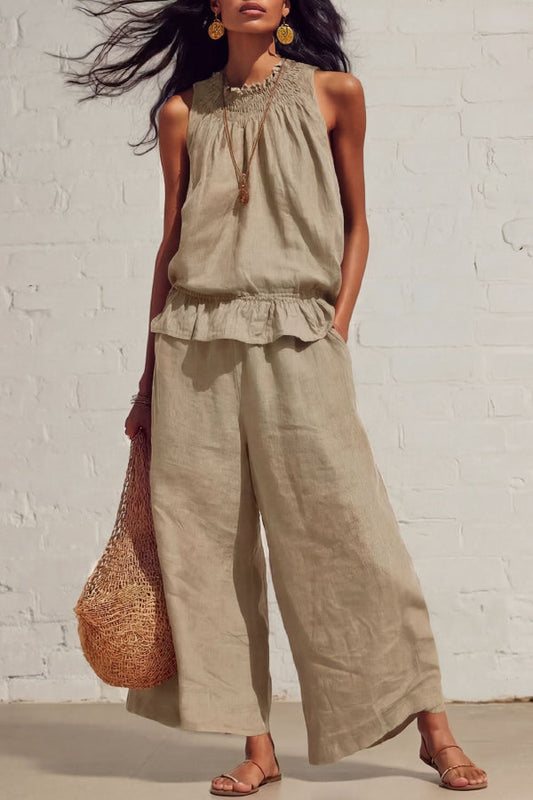 Linen Blend Round Neck Sleeveless Ruffled Top and Elastic Waist Casual Pocket Wide-leg Pants Set