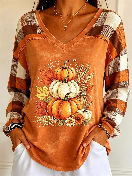 Women's Autumn Collection Printed V-Neck Long-Sleeve T-Shirt