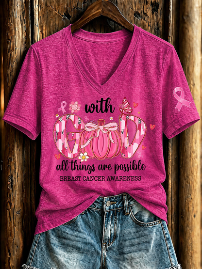 Women'S Breast Cancer Awareness And Ghost Witch Halloween Support Printed T-Shirt