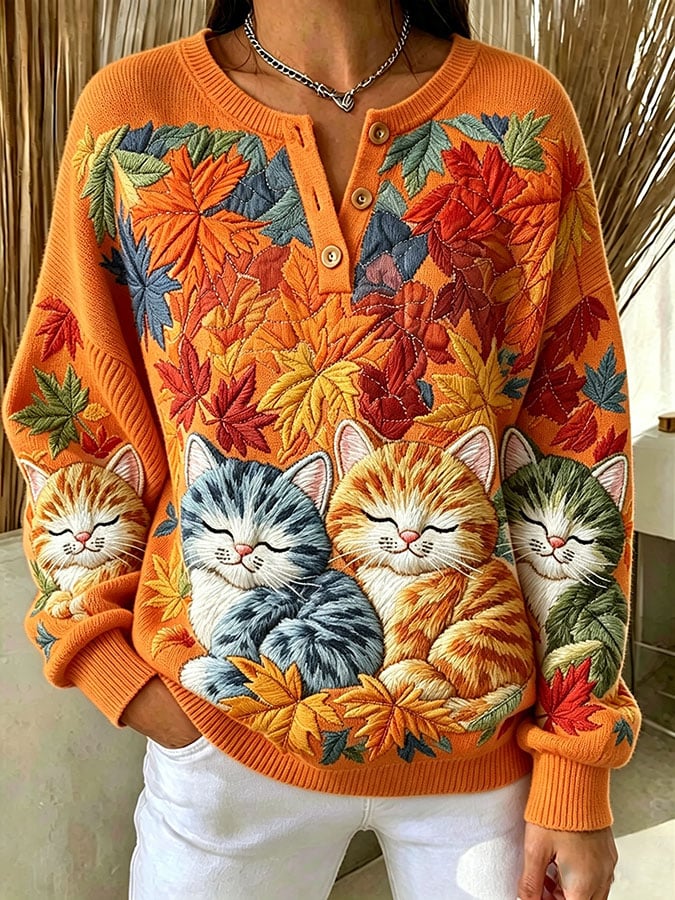 Women's Casual Print Button-Up Collar Knit Top