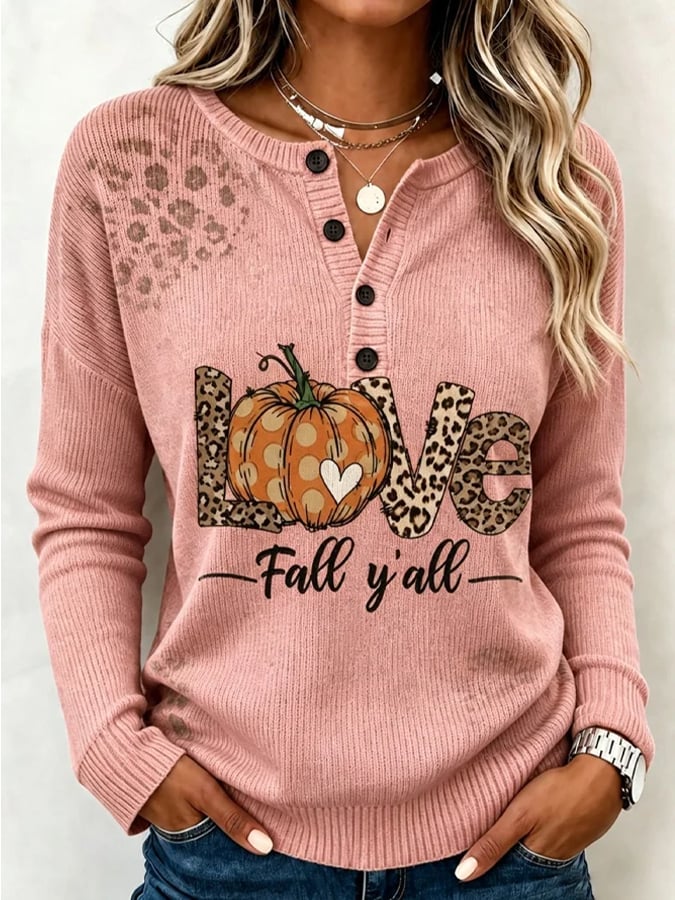 Women's Casual Printed Loose-Fit Henley Shirt