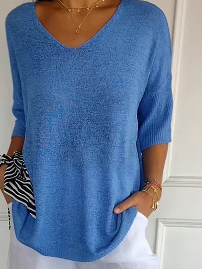 Women'S Casual V-Neck Three-Quarter Sleeve Solid Color Knit Sweater