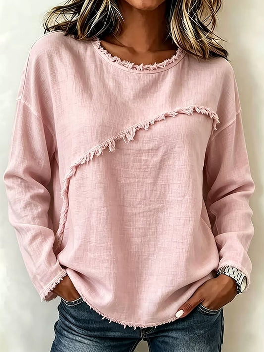 Women'S Round Neck Patchwork Lace Long Sleeve Casual Top