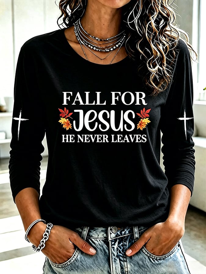 Women's  Retro  Fall For Jesus He Never Leaves Print T-shirt