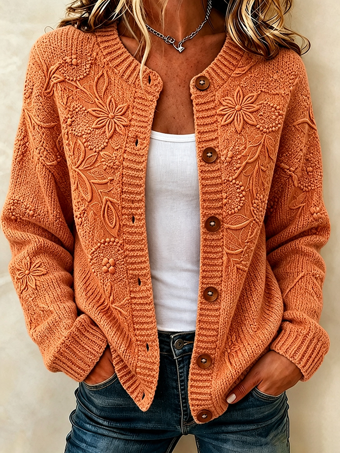 Ladies' Casual Plant Flower Knitted Cardigan Top