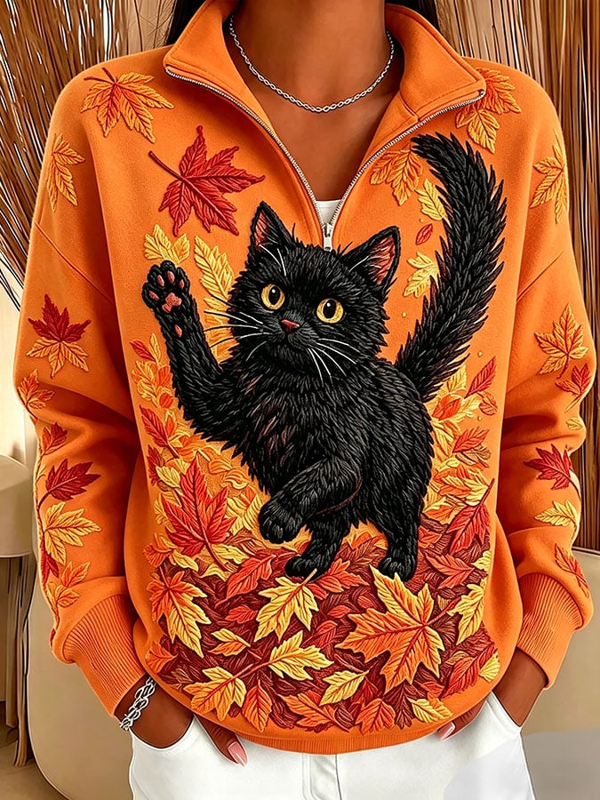 Women's Casual Printed Zipper Collar Long-Sleeve Sweatshirt