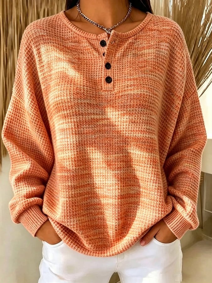 Women's Casual Printed Waffle-Knit Henley Sweatshirt