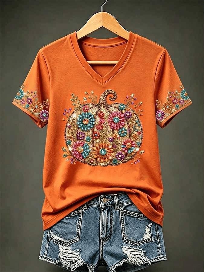 Women's Vintage Pumpkin Print V Neck T-shirt