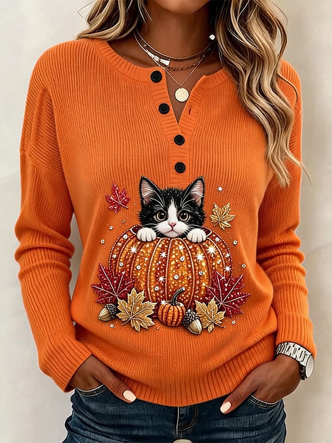 Women's Casual Printed Loose-Fit Henley Shirt