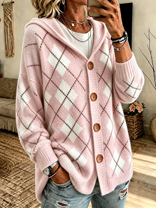 Ladies' Casual Checkered Knitted Hooded Long Sleeved Cardigan