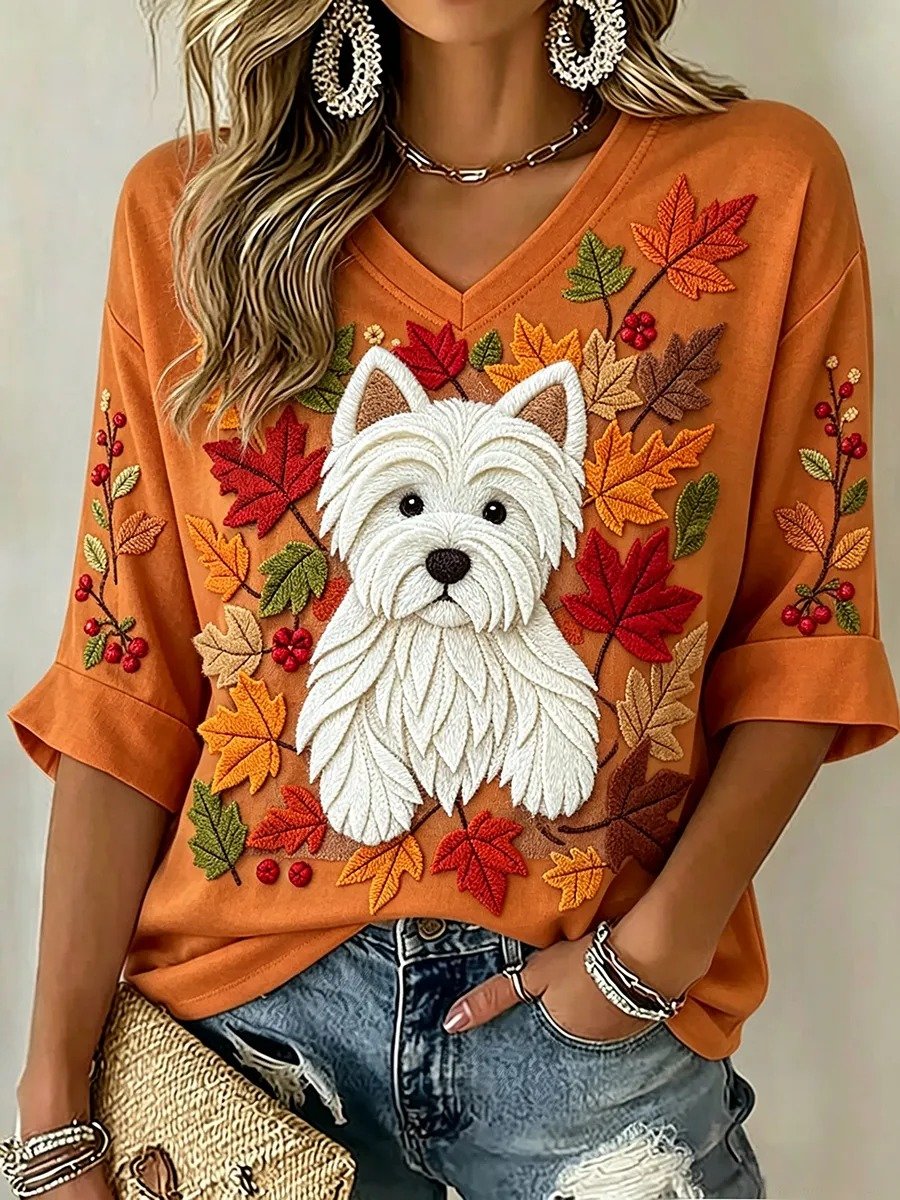 Women's Vintage Westie Dog Fall Art Print Mid-length Sleeves V-Neck T-Shirt