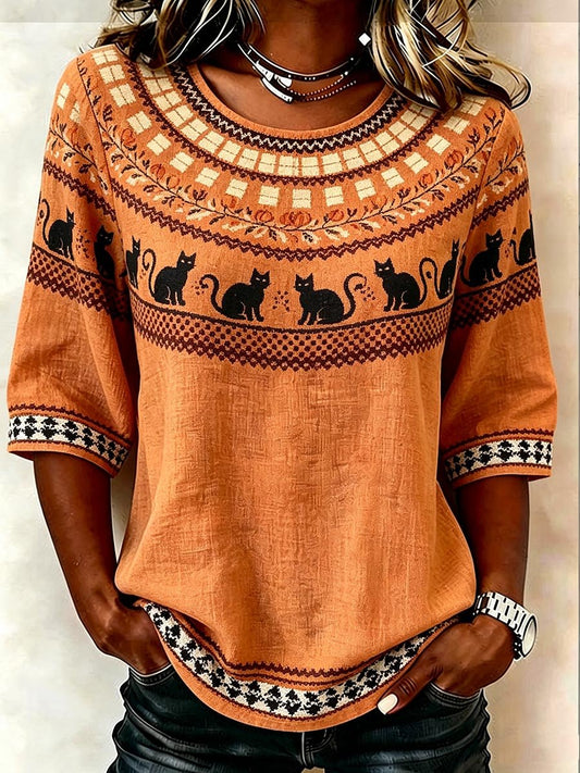 Women's Casual Orange Geometric Black Cat Print Top for Autumn