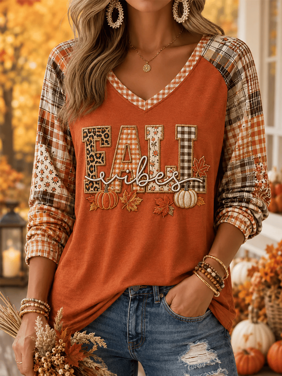 Women's Fall Vibes Pumpkin Plaid Print Casual Long-Sleeve V-Neck T-Shirt