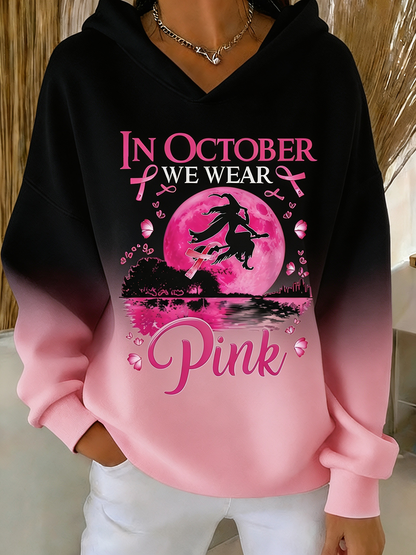 Women'S Pink Moon Witch Breast Cancer Awareness Gradient Hoodie