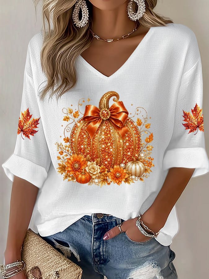 Women's Vintage Pumpkin Print V Neck Top