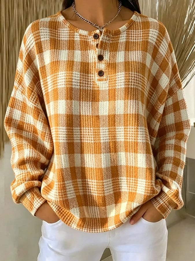 Women's Casual Printed Waffle-Knit Henley Sweatshirt