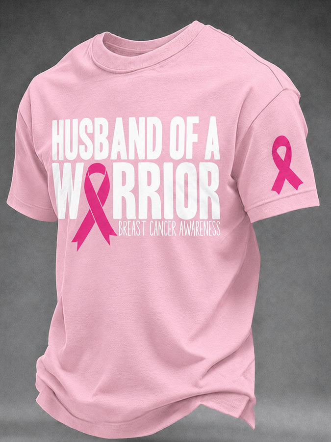 Men's Husband Of A Warrior Pink Ribbon Breast Cancer Awareness Graphic T-Shirt