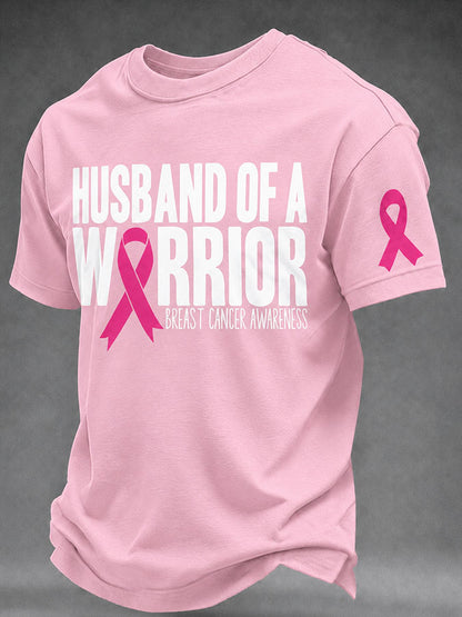 Men's Husband Of A Warrior Pink Ribbon Breast Cancer Awareness Graphic T-Shirt