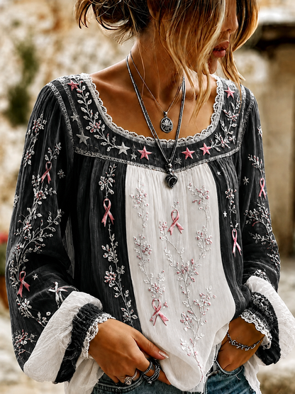 Women'S Casual Breast Cancer Awareness Publicity Print Long Sleeve Top