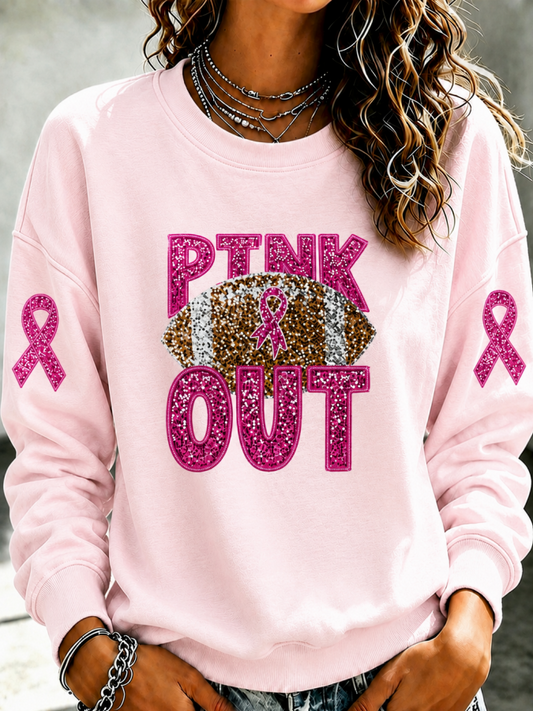 Women'S Pink Patchwork Print Breast Cancer Awareness Crewneck Sweatshirt