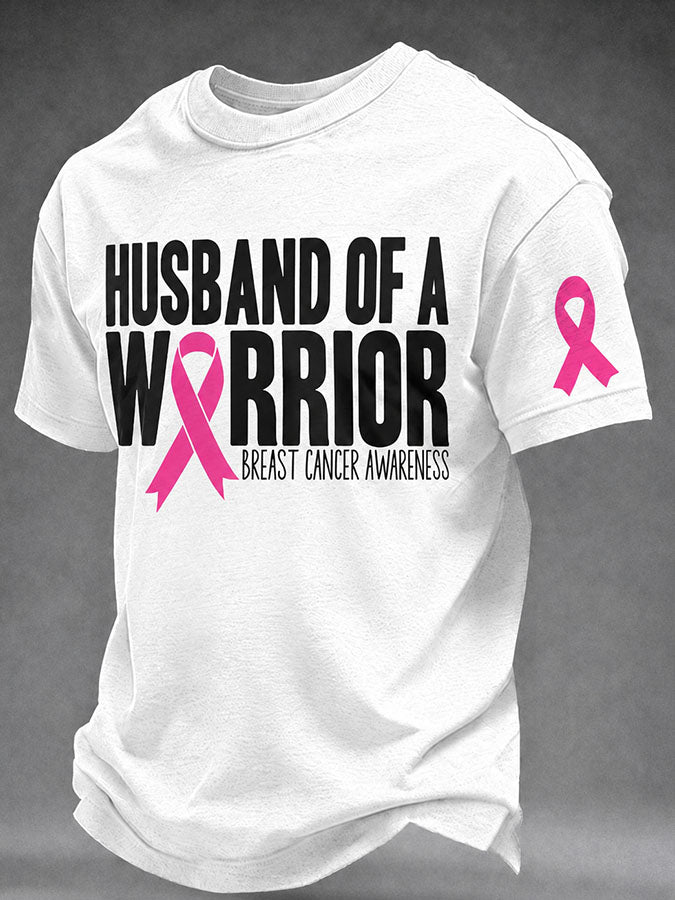Men's Husband Of A Warrior Pink Ribbon Breast Cancer Awareness Graphic T-Shirt