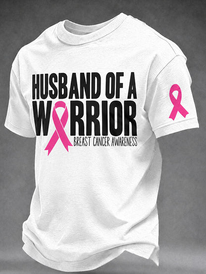Men's Husband Of A Warrior Pink Ribbon Breast Cancer Awareness Graphic T-Shirt