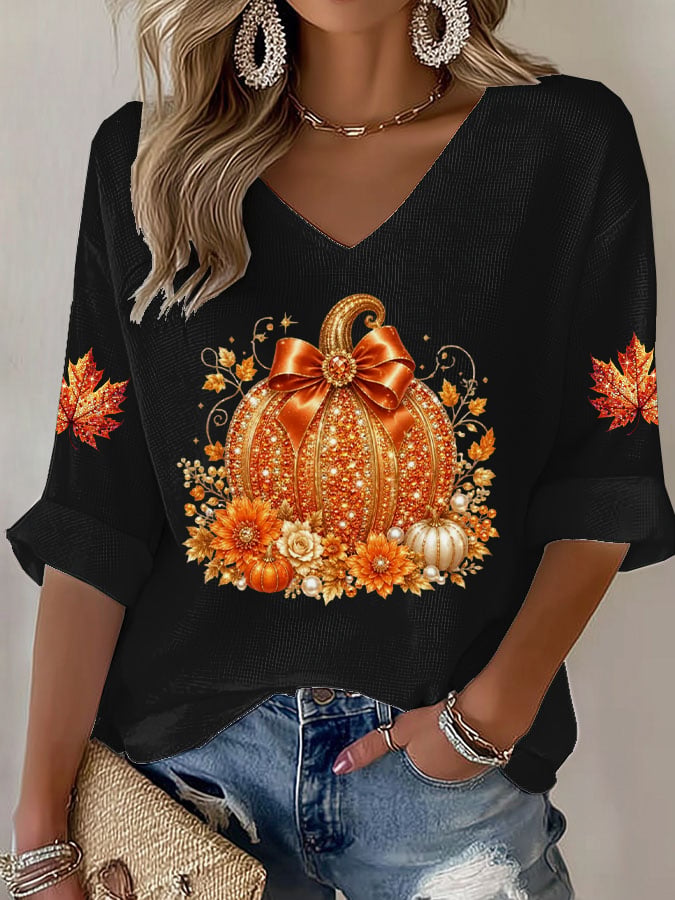 Women's Vintage Pumpkin Print V Neck Top