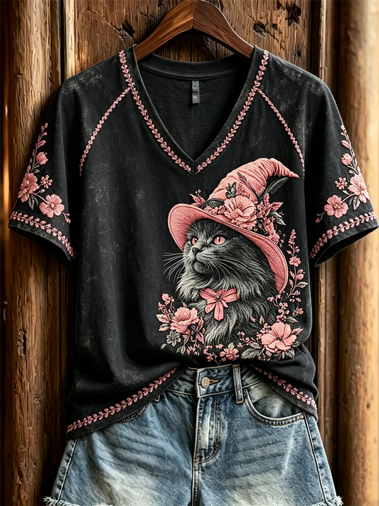 Women'S Black Cat Witch Pink Printed Art Short Sleeved T-Shirt