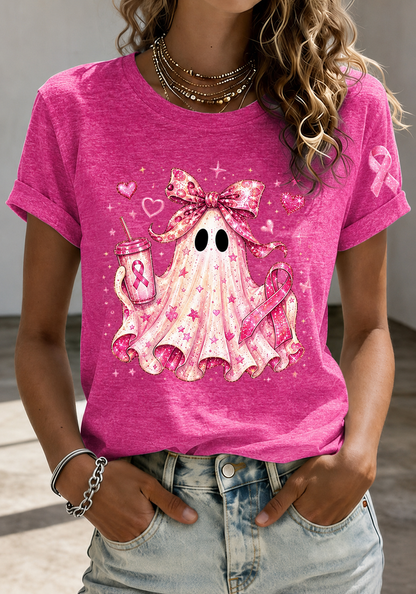 Women'S Breast Cancer Awareness And Ghost Witch Halloween Support Printed T-Shirt