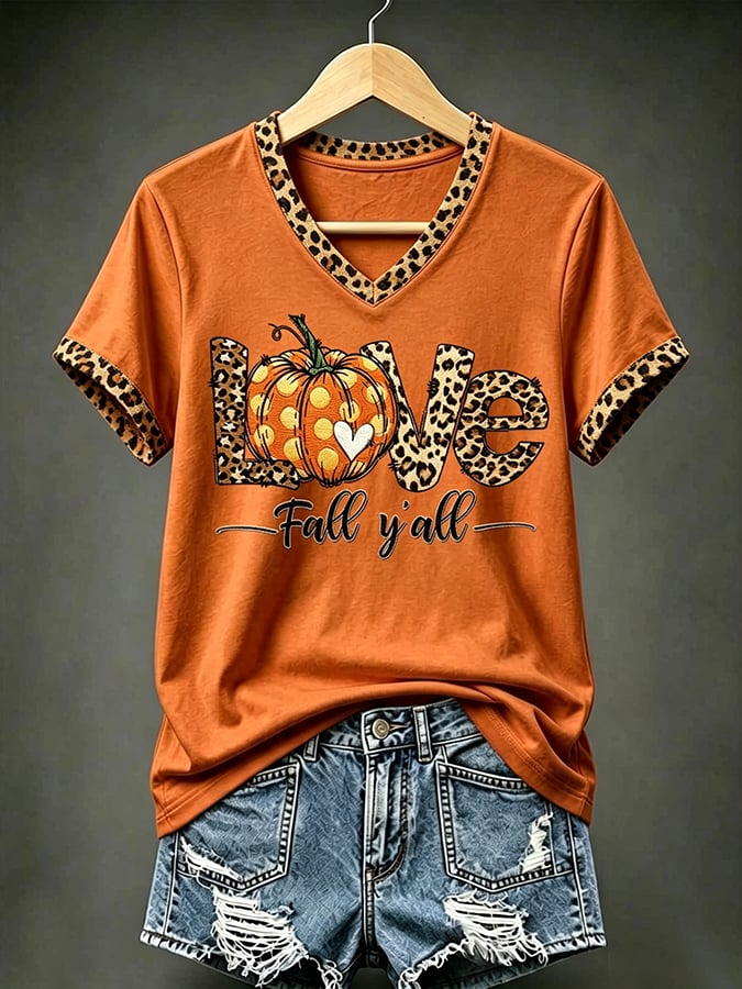 Women's Vintage Pumpkin Print V Neck T-shirt