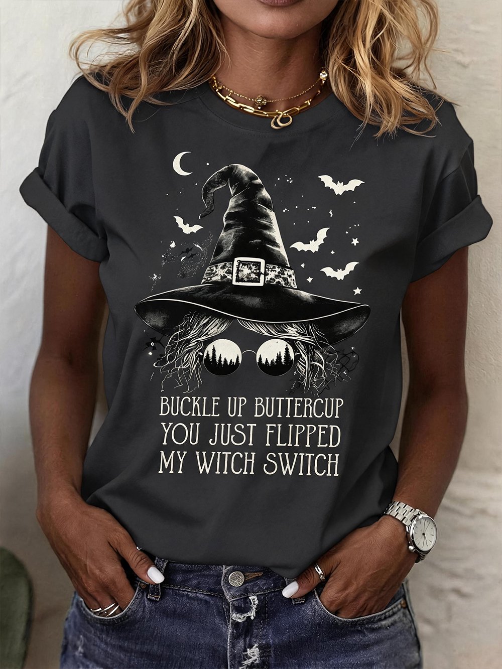 Women's "Buckle Up Buttercup, You Just Flipped My Witch Switch" Graphic Crew-Neck Short-Sleeve T-Shirt