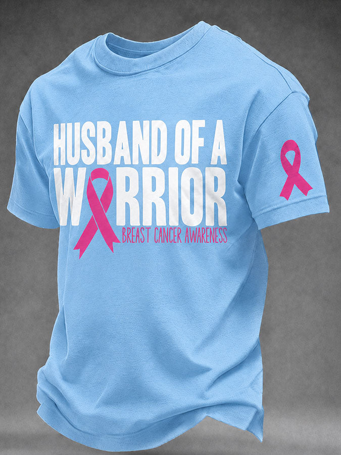 Men's Husband Of A Warrior Pink Ribbon Breast Cancer Awareness Graphic T-Shirt