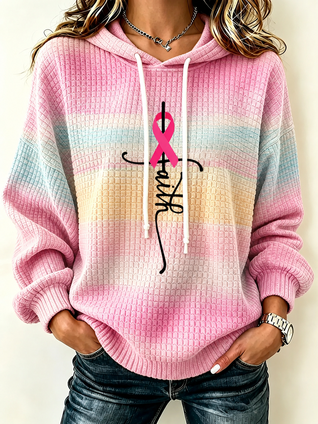 Women'S Pink Art Print Hooded Sweatshirt